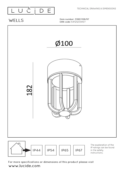 Lucide WELLS - Deckenleuchte Innen/Außen - Ø 10 cm - LED - 1x8W 2700K - IP54 - Rostfarbe | Essential - technisch